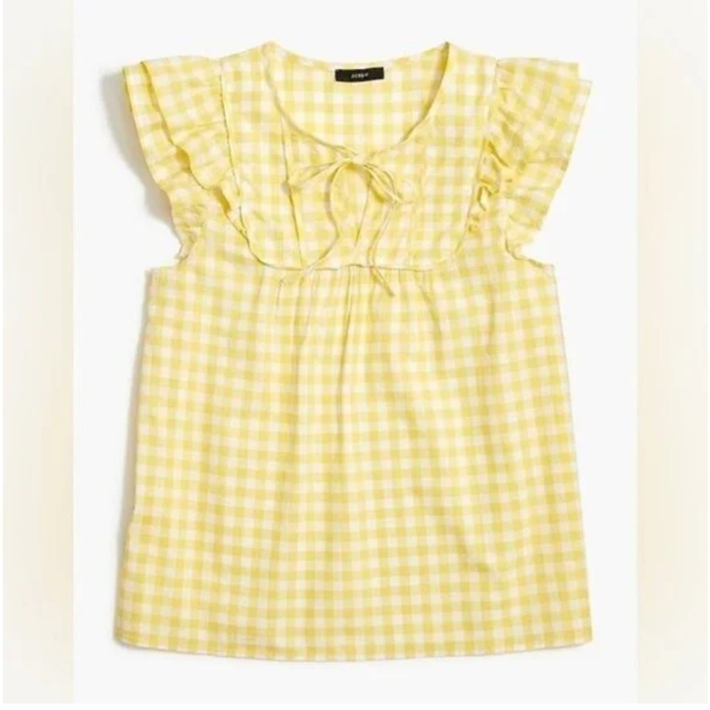 J Crew Gingham flutter top with bib trim yellow white 100% cotton size XXL